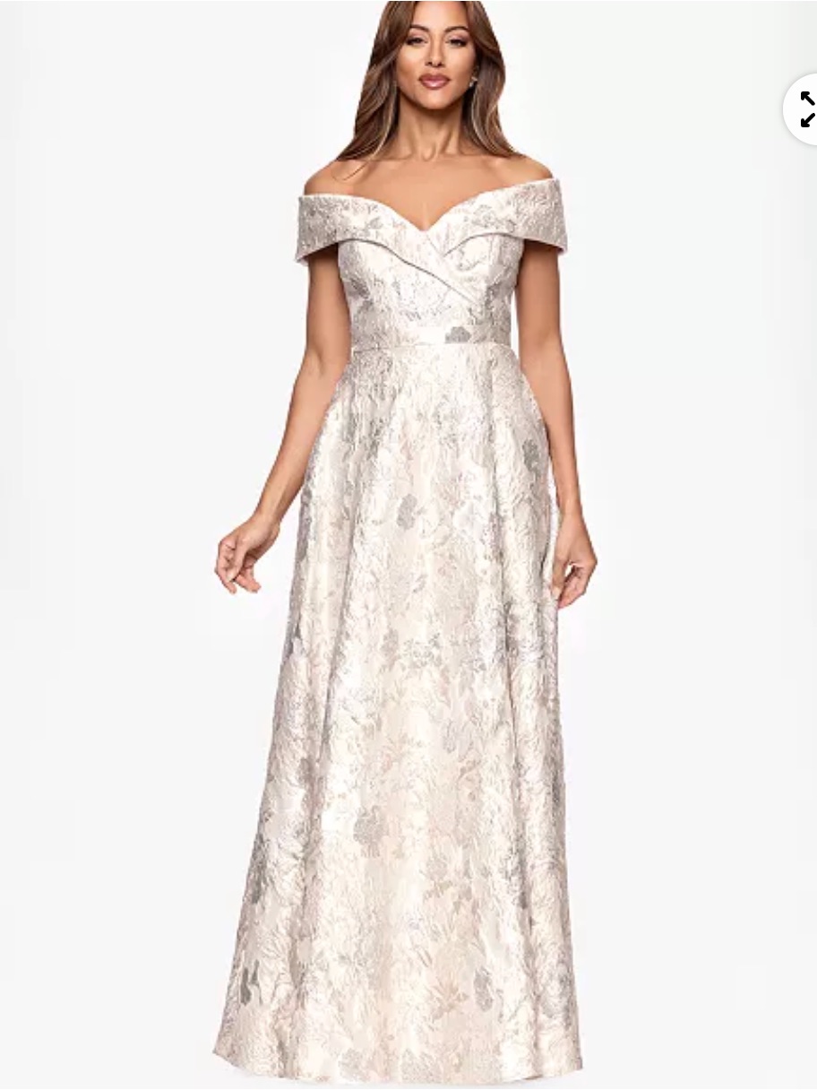 Xscape Off-Shoulder Floral Jacquard Gown In Champagne - Nwt Size 10